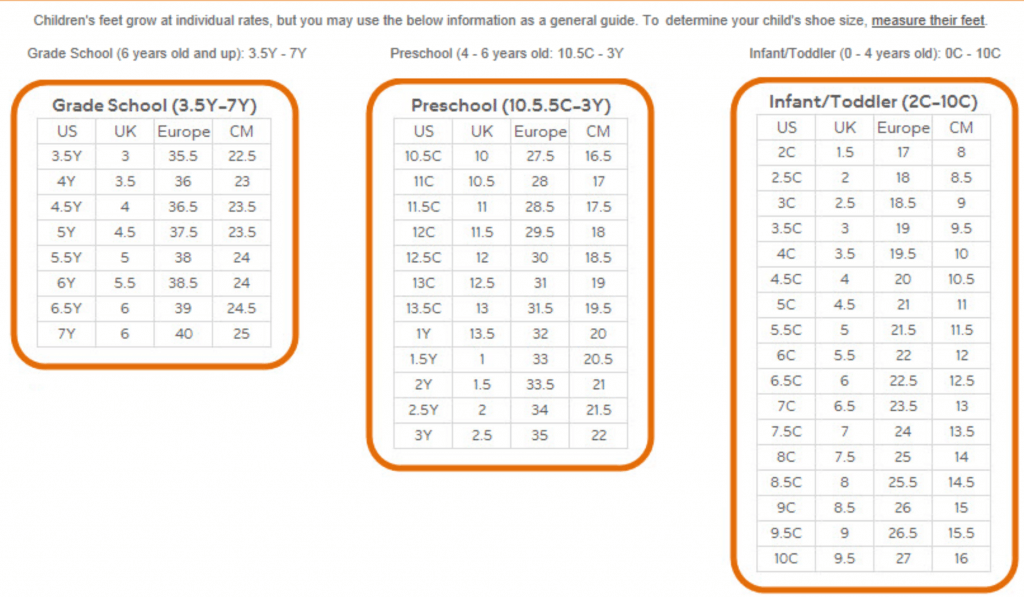 Shoe Size Charts for Grade School, Preschool, Infant/Toddler