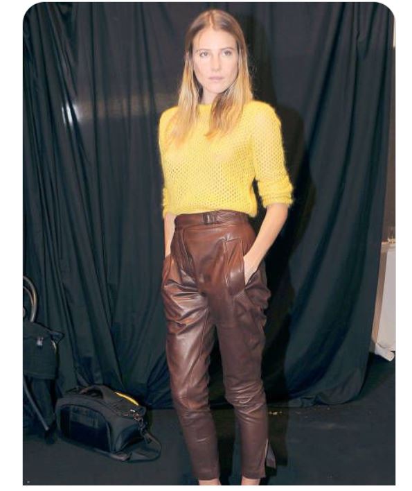 Yellow Sweaters with Brown Leather Pants and Metallic Ankle Strap Heels