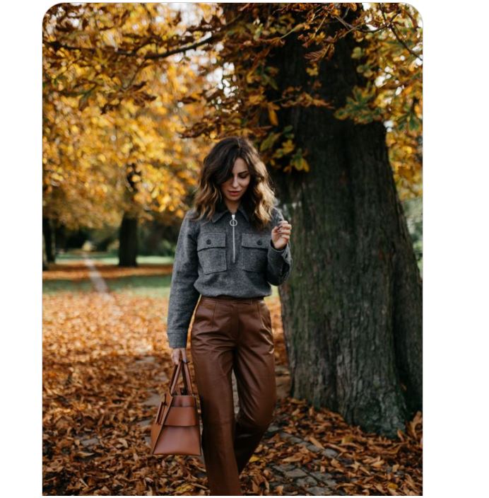 Felt Gray Shirts with Brown Leather Pants and Black Pointed-toe Heels