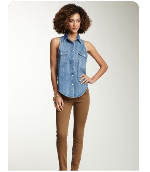 Sleeveless Denim Shirts with Skinny Brown Pants and Creamy Pointed-toe Heels