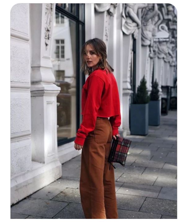 Red Crop Sweaters with Brown Khaki Straight-leg Pants and White Sneakers