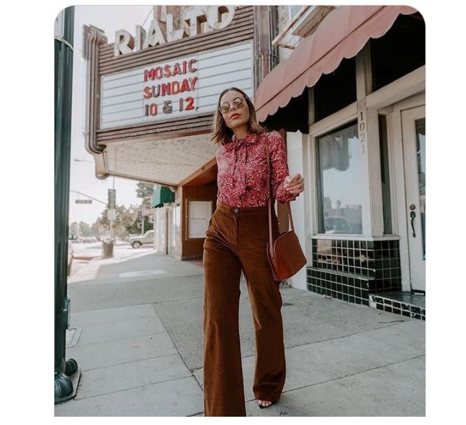 Red Floral Print Bow Neck Blouses with Brown Flare Pants and Ankle Strap Heels