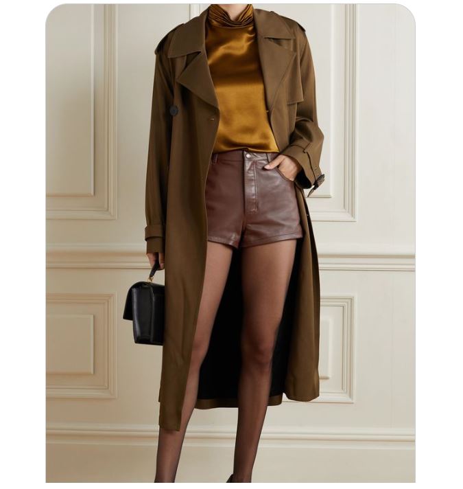 Copper Yellow Tops, Trench Coats with Brown Leather Shorts, and Black Pointed-toe Heels