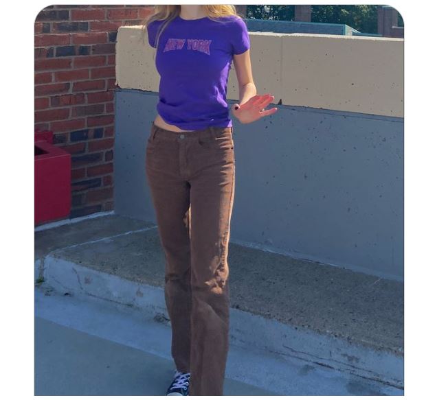 Purple T-shirts with Brown Khaki Pants and Black Sneakers