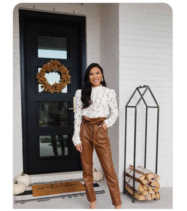 White Lace Tops with Brown Leather Waist Tie Pants and Neutral Pointed-toe Heels