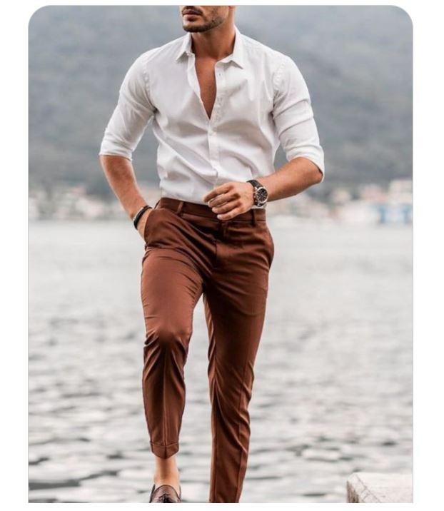 Simple White Shirts with Brown Chinos Pants and Leather Loafers