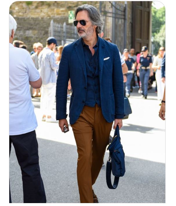 Navy Blue Vests, Navy Blue Shirts with Brown Dress Pants, and Suede Loafers