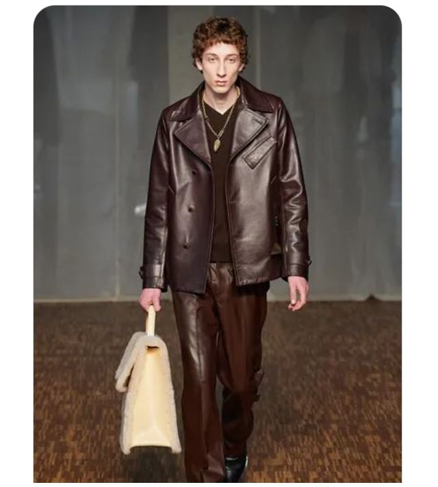 Brown Leather Jackets and Brown Leather Pants with a Brown T-shirt and Black Shoes