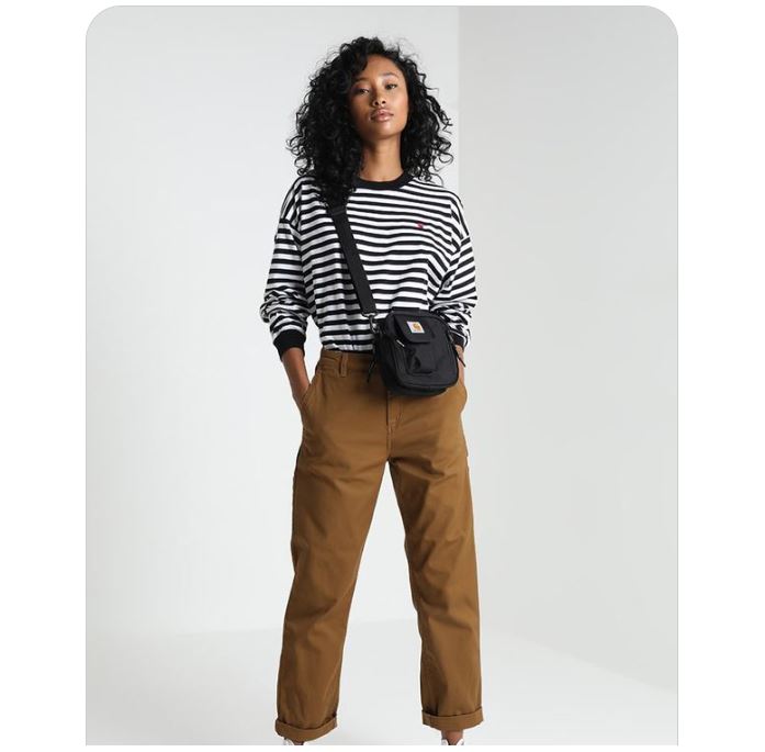 Horizontal Stripe Long Sleeve T-shirt with Brown Khaki Pants and White High-top Converse