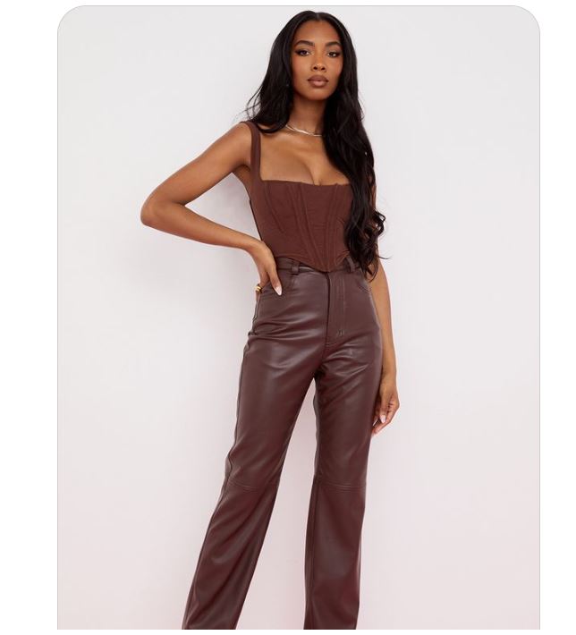 Brown Corset Tops with Brown Leather Pants and Brown Pointed-toe Heels
