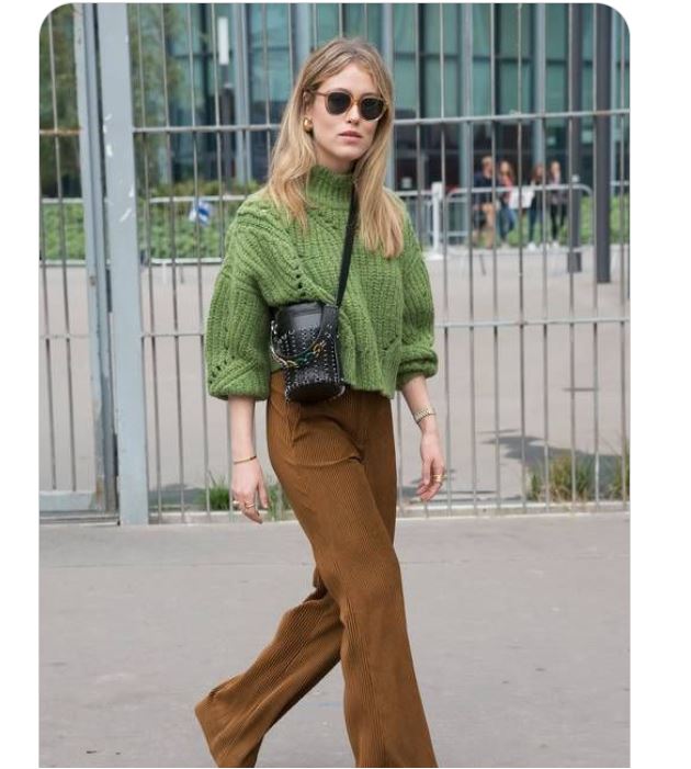 Green Sweaters with Brown Flared Pants and Heels