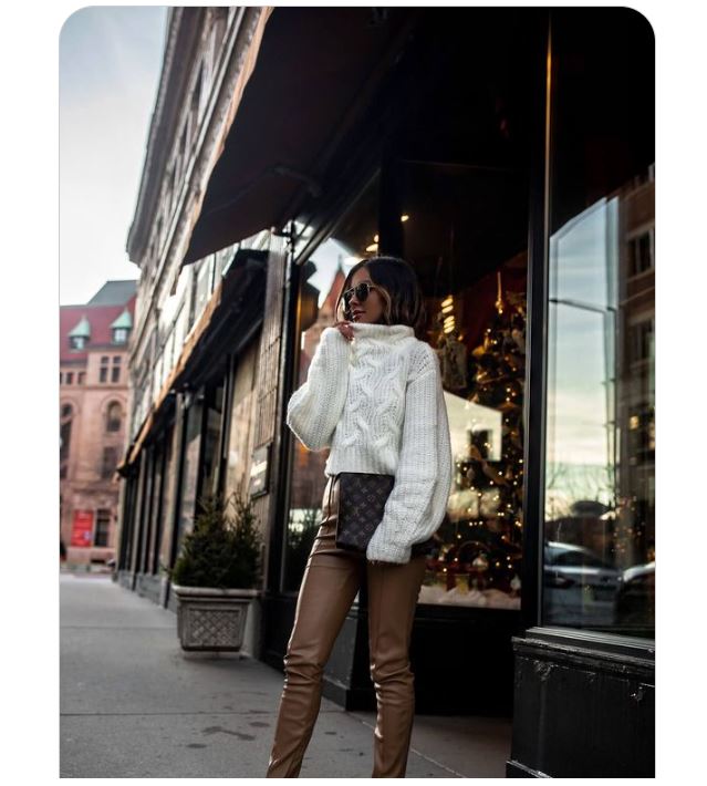 6. White Sweater with Brown Leather Pants and White Heels