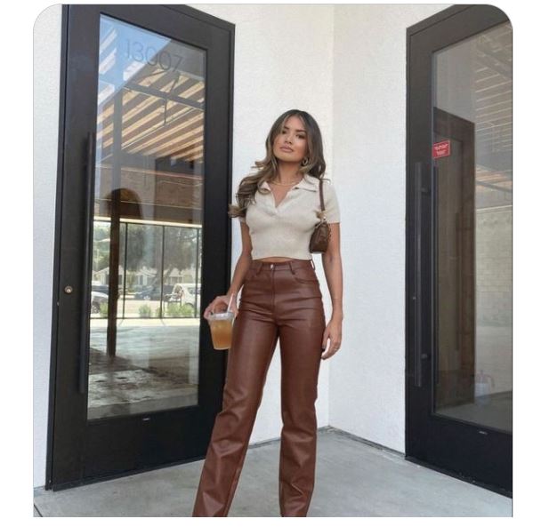 Creamy Crop Tops with Wide-leg Leather Pants and Sneakers