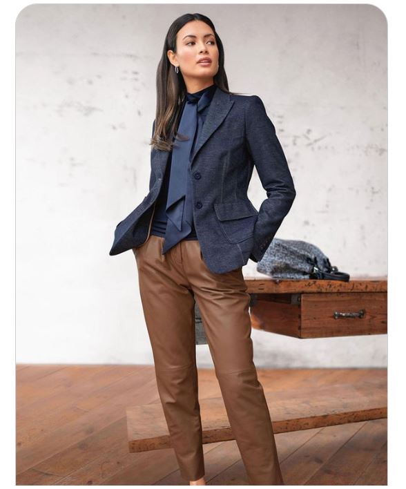 Navy Blue Bow Neck Blouses, Navy Blue Blazers with Brown Leather Pants, and Loafers