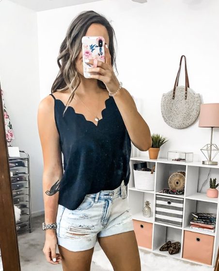 Scalloped Blouse Denim Shorts