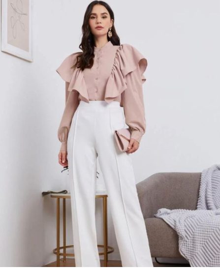 Pink Blouse And White Wide-Leg Pants