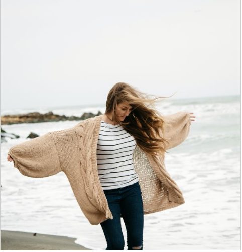 Cardigan, Striped Long Sleeve T-shirt and Flare Jeans