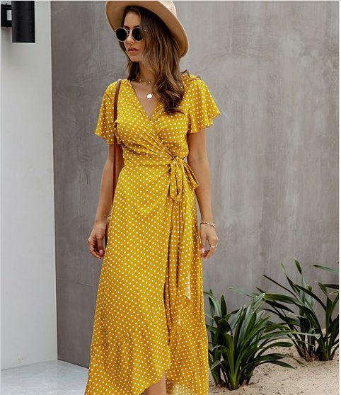 Polka Dot Short Sleeves Wrap Dress with V Neck and Ankle Strap Heels