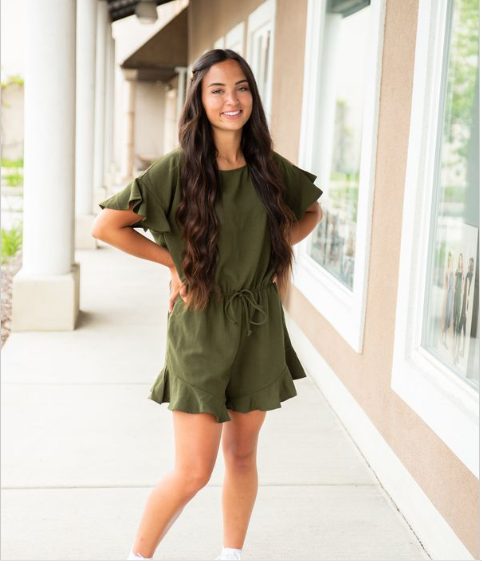 Olive Green Ruffle Hem Rompers and Sneakers