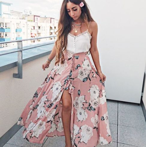 Cami Top and Floral Maxi Skirt with Slit