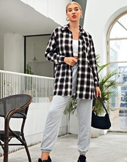 Long Sleeve Collar Long Button-Down Plaid Shirt