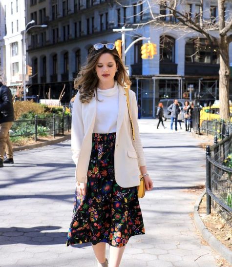 Turtleneck Sweater And Floral Midi Skirt