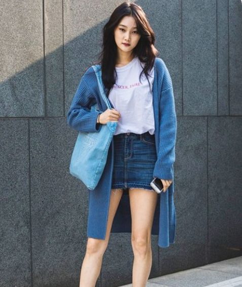 Tee Shirt and Denim Skirt, Cardigan