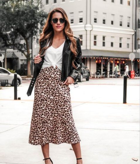 Whitetop, Leopard Print Skirt, And Leather Jacket