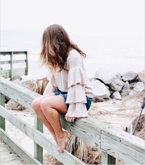 Ruffle Sleeve Sweater and High-rise Distressed Denim Short