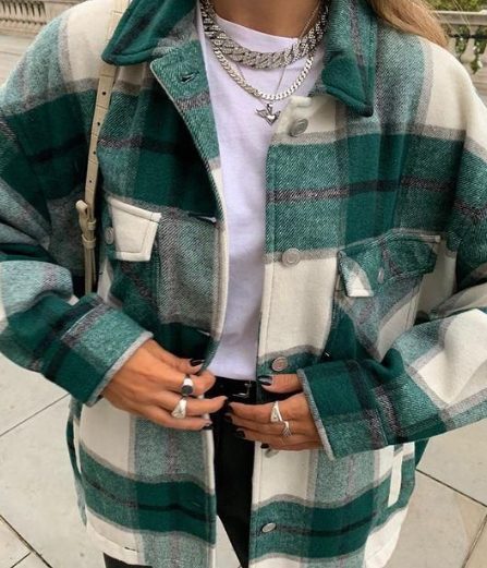 Long Sleeve Collar Long Button-Down Plaid Shirt and Crop Top With Cargo Pants