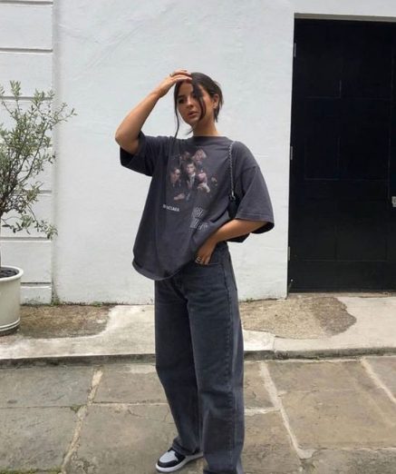 Over T-Shirt And Wide-Leg Jeans