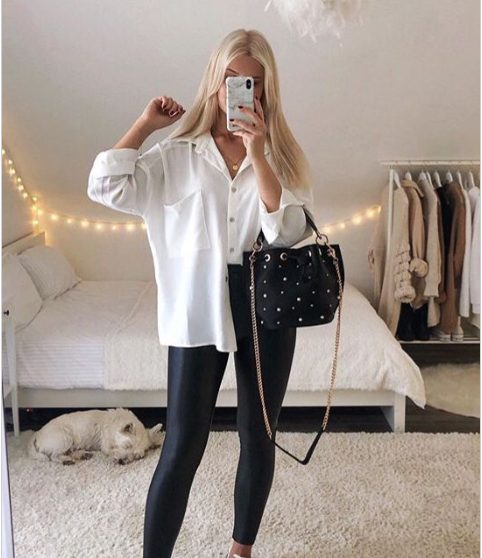 White Button-down Shirt, Leather Pants and Sneakers