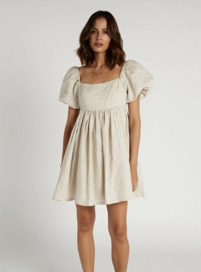 Sweet Puff Sleeve Linen Mini Casual Dresses and Sandals