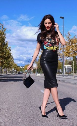 T-Shirt And Leather Pencil Skirt