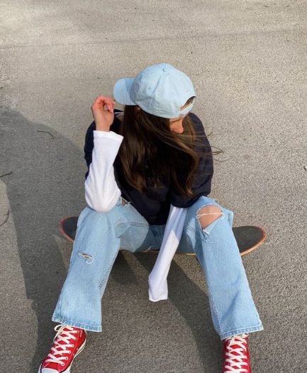 Long Sleeve T-Shirt, Jeans, and Red Sneaker
