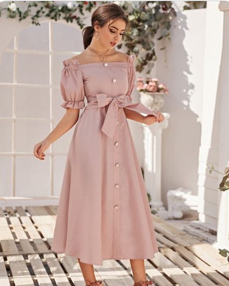 Off-shoulder Ruffle Trim Buttoned front Belted Dresses and Heels