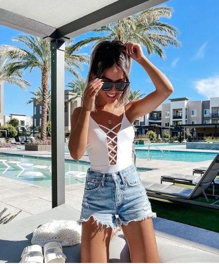 One-piece Swimsuit and Wore Denim Shorts over It, Cute Sandals