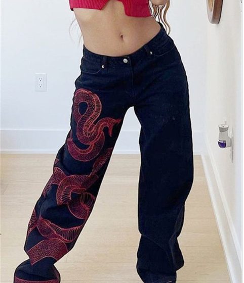 Casual Print Basic High Waist Straight Jeans