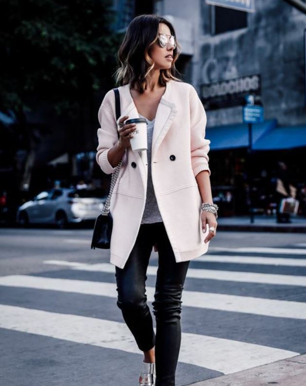 Comfortable mules, leather leggings, a tee-shirt, and a blazer