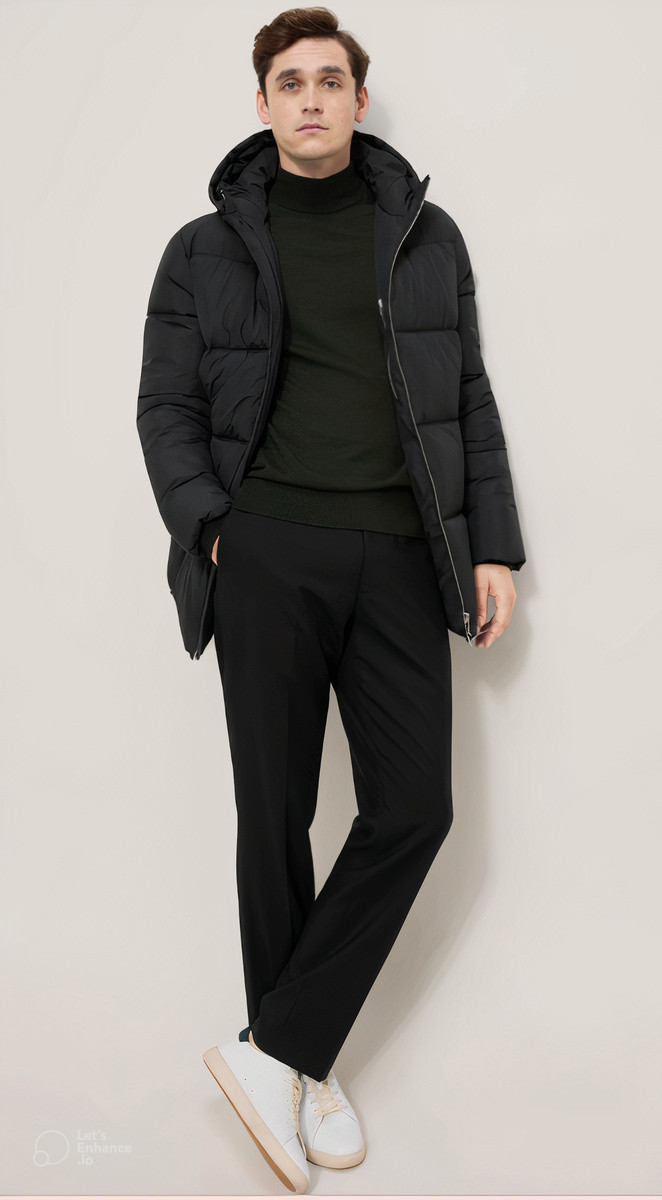 A charcoal puffer jacket and skinny black jeans