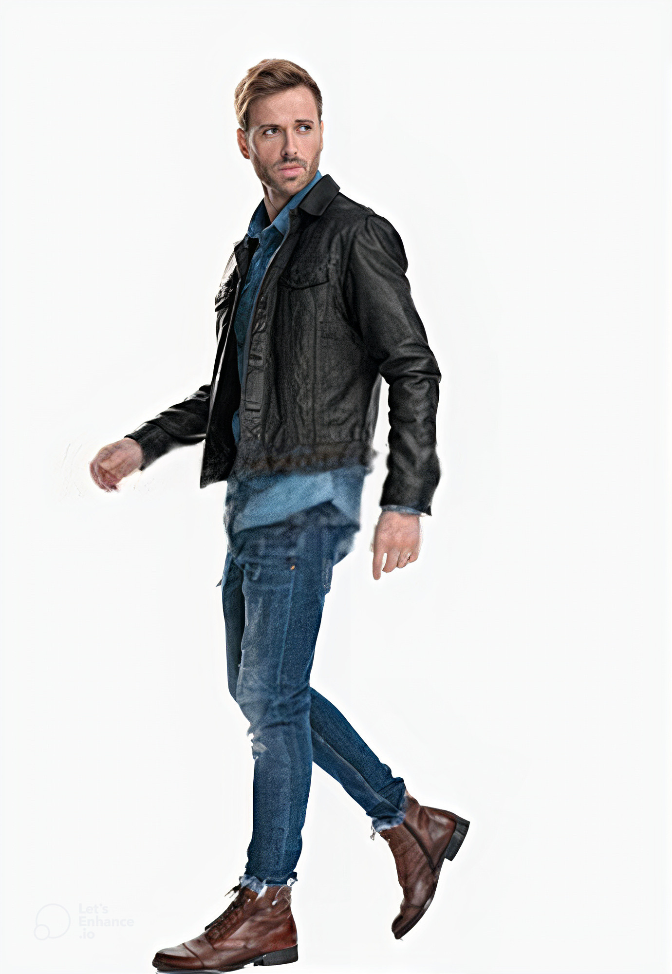 Combo of a black leather biker jacket and light blue jeans