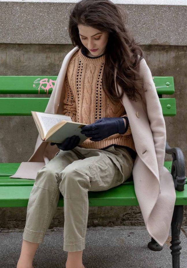 Mules with khaki cargo pants and sweater