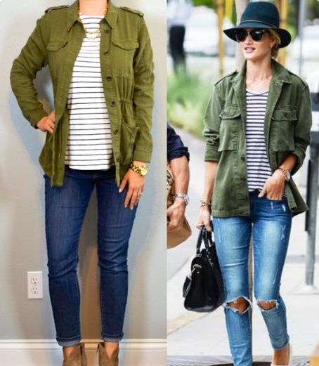 Classic Green Rain Jacket With a Patterned T-Shirt and Skinny Jeans