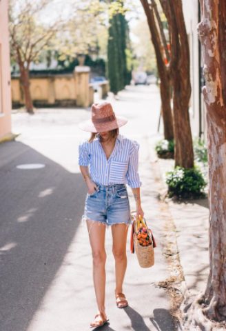 Striped Button-Down And Denim Shorts