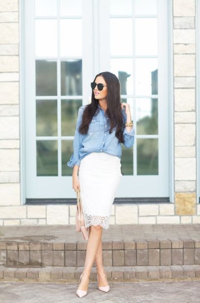 Lace Pencil Skirt with a Denim Shirt