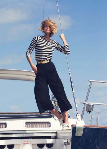 A Striped Long-Sleeved Top, Wide Leg Pants