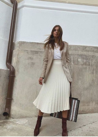 Crewneck Tee, Pleated Midi Skirt, And Blazer