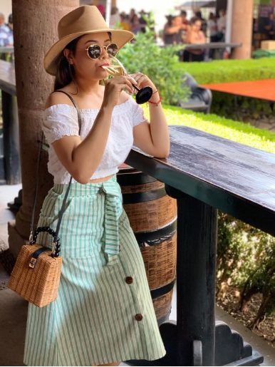 Off-Shoulder Top And Striped Skirt