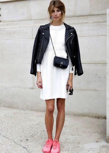 Black Leather Jacket & White Dress