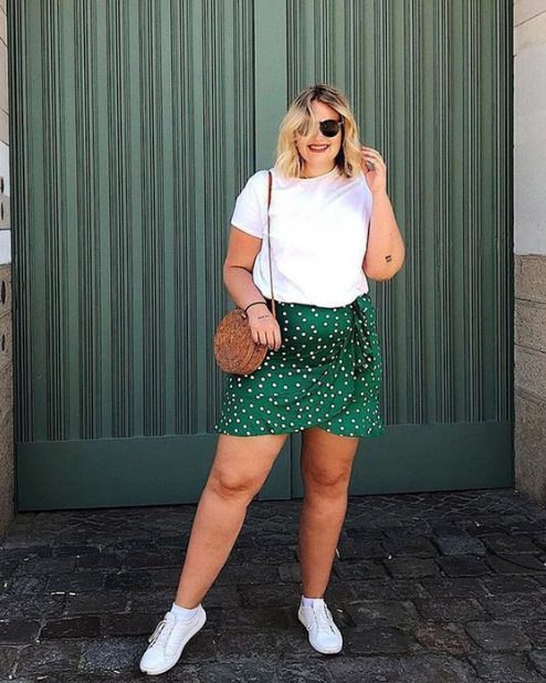  White T-shirt, Short Skirt, White Sneakers, Sunglasses